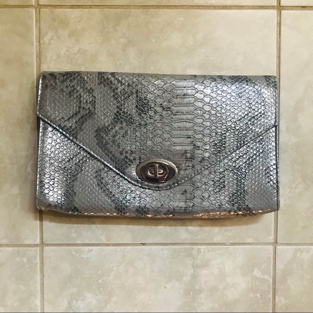 Brand New - Silver Snake Print Envelope Clutch